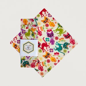 Beeswax Wrap Starter Pack - Reusable Food Wrap - Reusable Baggie - Eco Friendly Gift - Organic Wax Wraps - Chef - Kitty Cat