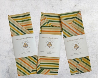 Beeswax Wrap - Starter Pack - Reusable Food Wrap - Eco Friendly Gift - Organic Wax Wraps -  Reusable Snack Bag - Stripes - Compostable