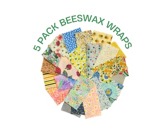 May include: A set of five beeswax food wraps in a variety of floral and geometric patterns. The wraps are arranged in a circle with the text "5 PACK BEESWAX WRAPS" around the outside.