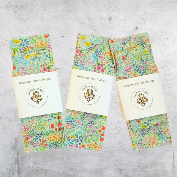 Beeswax Wrapper 4 pc Starter Pack - Reusable Food Wrap -  Eco Gift -  Plastic Free -  Snack Bag  - Compostable - Spring Wildflower Garden
