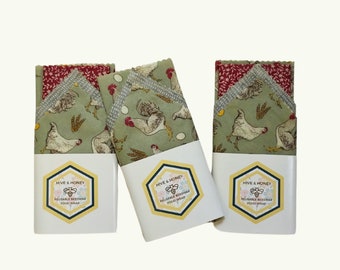 Beeswax Wrapper Set - Reusable Storage Bags - Beeswax  Food Wraps  - Compostable Storage - Eco Friendly - Chicken - Gift - Farm Kitchen