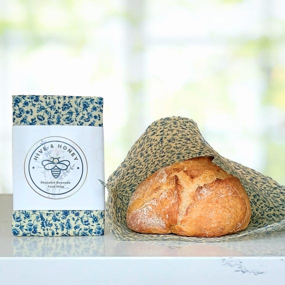 Blue Floral Blooms -  XL Beeswax Food Storage Bag - Bread Storage - Sourdough