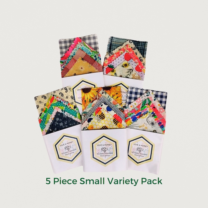 Surprise Pack ! This 5 piece set of  8 inch x 8 inch beeswax food wraps comes in randomly chosen patterns. They can help cover your bowls, left overs, baked goods and so much more without wasteful and harmful plastic.