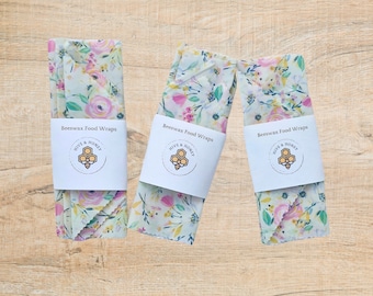 Beeswax Wrap Starter Pack - Reusable Food Wrap - Eco Friendly Gift -  Plastic Free Snack Bag - Watercolor Blooms - Compostable - Floral