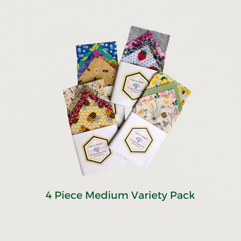 Surprise Pack ! This 4 piece set of  10 inch x 10 inch beeswax food wraps comes in randomly chosen patterns. They can help cover your bowls, left overs, baked goods and so much more without wasteful and harmful plastic.