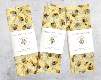 Beeswax Wrapper Set - Reusable Storage Bags - Beeswax  Food Wraps -  Happy Honeybee 3 and 4 Piece Sets - Compostable - Eco Friendly Gift