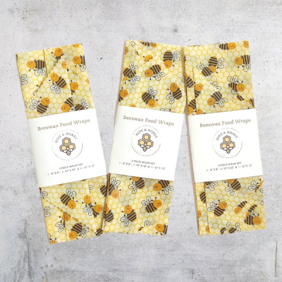 Beeswax Wrapper Set - Reusable Storage Bags - Beeswax Food Wraps - Happy Honeybee 3 and 4 Piece Sets - Compostable - Eco Friendly Gift