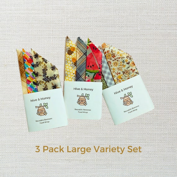 Large 12" x 12"  Beeswax Wraps - 3 Piece Variety Pack - Reusable Food Wrap - Eco Friendly Gift - Organic Wax Wraps  -  Large Bowl Cover
