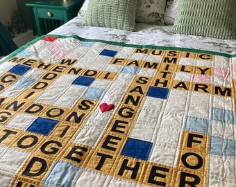 Scrabble Game family Quilt, Handmade Family Name Throw