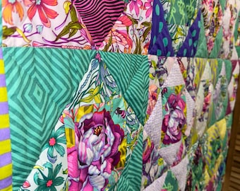 Tula Pink handmade patchwork Quilt, unique decor.  Colorful Bedding.  Snake lovers, dragonflies, owls. Eclectic blanket.