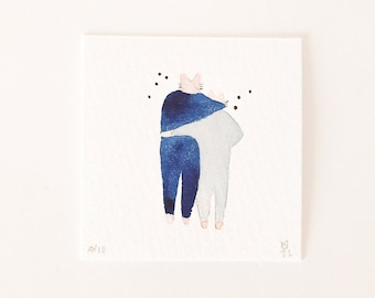 Cat painting tiny watercolor original art, little cat watercolor wall art bathroom decor gift for cat lovers, whimsical cat painting decor