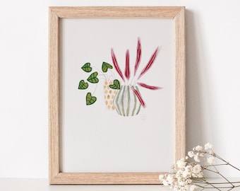 Botanical paper-cut contemporary collage A5 watercolor plant painting, fine art collage watercolor houseplants over the bed wall decor