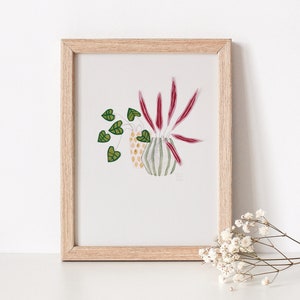 Collage contemporaneo botanico tagliato su carta A5 acquerello pittura vegetale, collage di belle arti acquerello piante d'appartamento sopra l'arredamento della parete del letto