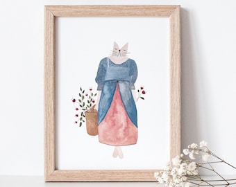 Swedish farmhouse watercolor cat painting boho nursery decor girl, A5 Swedish folk art cat lady wall art, small folk cat art boho wall decor