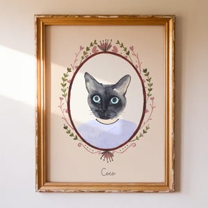 Ritratto di gatto personalizzato con acquerello digitale, cornice vintage, tributo commemorativo, decorazione murale dipinta a mano, regalo unico, ricordo di animali domestici, famiglia