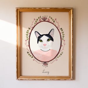 Ritratto di gatto personalizzato, download digitale, opera d'arte per animali domestici, regalo commemorativo, gatto dipinto a mano, cornice ovale in stile vintage, design floreale.