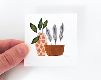 Recycled cut paper miniature watercolor painting original art, Tiny floral hand cut paper art wall decor, wall art for plant lovers