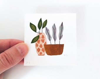 Recycled cut paper miniature watercolor painting original art, Tiny floral hand cut paper art wall decor, wall art for plant lovers