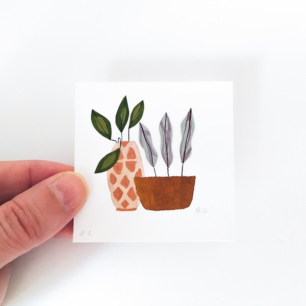 Recycled cut paper miniature watercolor painting original art, Tiny floral hand cut paper art wall decor, wall art for plant lovers