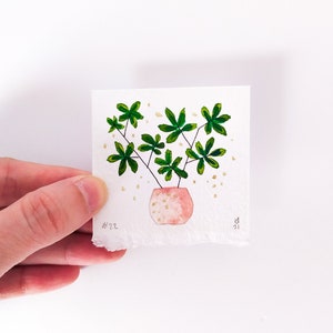 Umbrella plant tiny painting original watercolor wall decor, Miniature watercolor simple painting for crazy plant lady, Tiny kitchen art