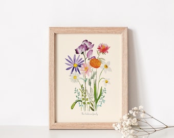 Custom Birth Flower Bouquet Print Watercolor Family Gift Digital Print Personalized Birth Flower Gift for mom Portrait wedding Anniversary