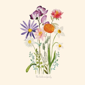 May include: A watercolour painting of a bouquet of flowers in shades of purple, pink, orange, white, and green. The flowers are arranged in a vase and the text "The Anderson family" is written below the bouquet.