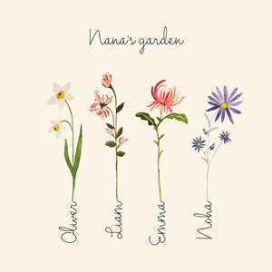 May include: A watercolor illustration of four flowers with names written below each flower. The flowers are a white daffodil, a pink flower, a red chrysanthemum, and a purple aster. The text reads "Nana's garden" at the top of the image.
