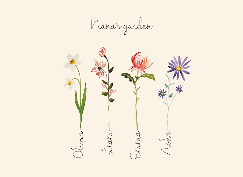 May include: A watercolor illustration of four flowers with names written below each flower. The flowers are a white daffodil, a pink flower, a red chrysanthemum, and a purple aster. The text reads "Nana's garden" at the top of the image.