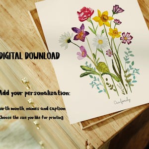 May include: A digital download of a watercolour painting of a bouquet of flowers in shades of pink, purple, yellow, and green. The flowers are arranged in a vase and the text "Our family" is written below the flowers.