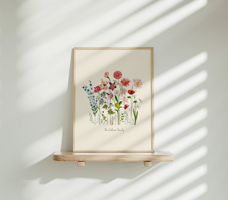 May include: A framed print of a botanical illustration featuring a variety of colourful flowers, including pink, red, purple, and blue. The flowers are arranged in a cluster and labelled "The Australian Family".