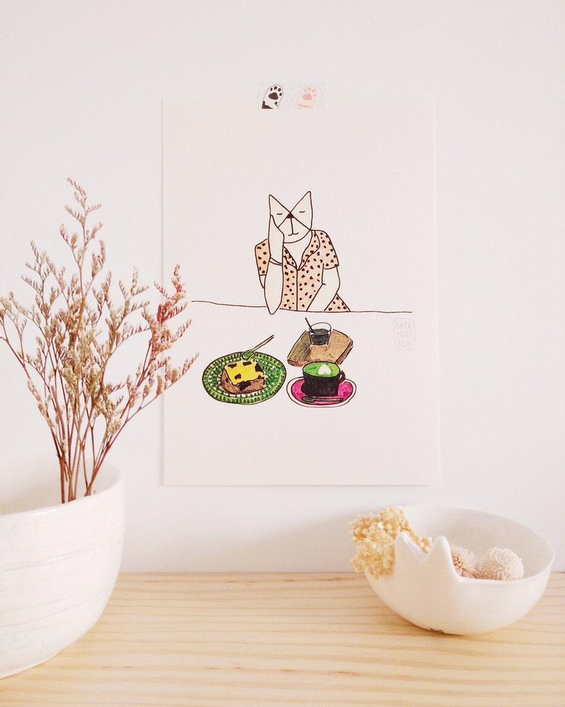 Cat illustration, Cat print, Cute kawaii cat, snack cake print, sweet cat, cat lover gift, cake stand, nice kitchen decor gift for women image 1