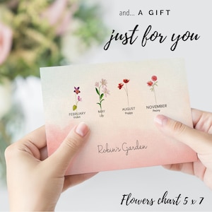 May include: A pink and white card with a watercolour design of flowers representing each month of the year. The card reads "Robin's Garden Flowers chart 5 x 7".