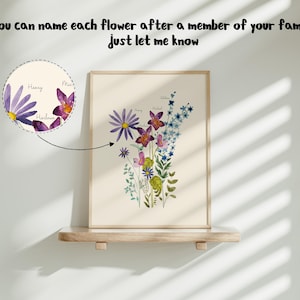May include: A framed print of a watercolour painting of a bouquet of flowers. The flowers are labelled with names such as "Henry", "Mic", and "Harlowe". The text "You can name each flower after a member of your family just let me know" is at the top of the image.