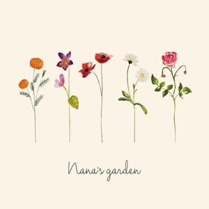 May include: A watercolor illustration of a garden with seven different flowers, including a red poppy, a pink rose, a white daisy, a purple orchid, and orange marigolds. The text "Nana's garden" is written below the flowers.