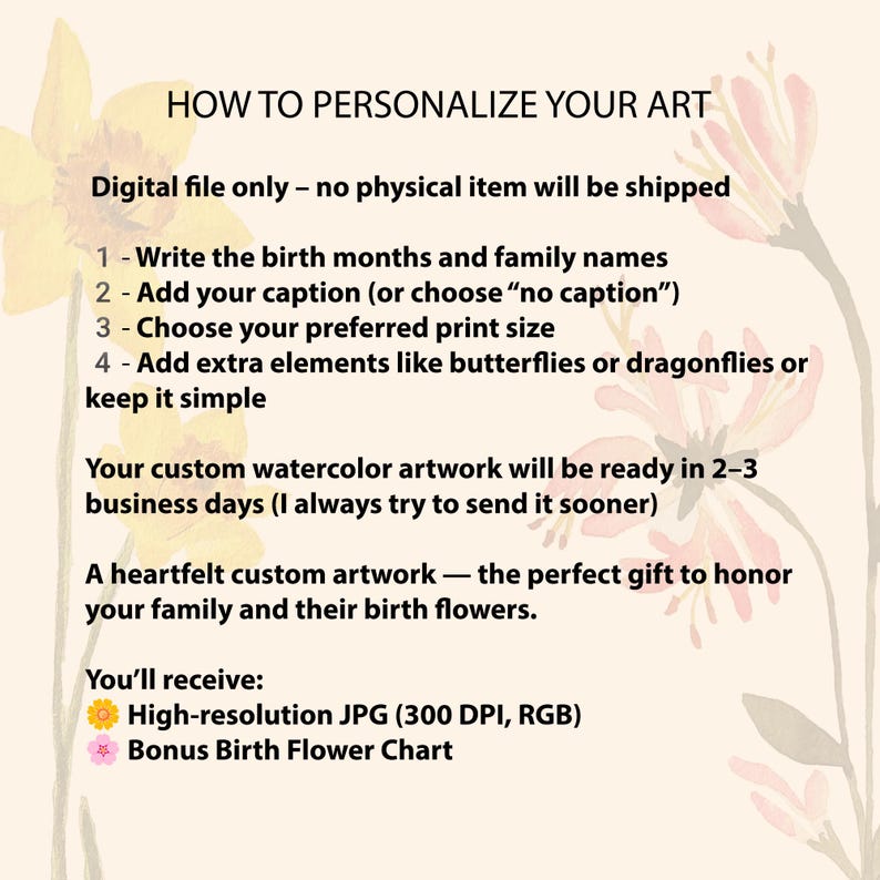 Personalized Watercolor Birth Flower Print, Birth Flower Family Bouquet, Birthday Gift, Minimalist Home Decor, Custom gift Wall Art image 8