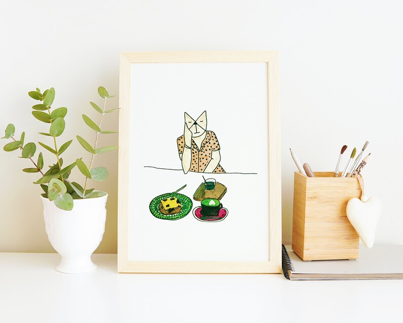 Cat illustration, Cat print, Cute kawaii cat, snack cake print, sweet cat, cat lover gift, cake stand, nice kitchen decor gift for women image 4