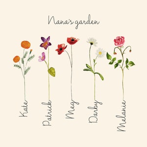 May include: A watercolor illustration of six different flowers, each with a name written below. The flowers are a marigold, a purple orchid, a red poppy, a daisy, a pink rose, and another marigold. The text at the top of the image reads "Nana's garden."