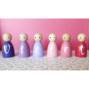 Personalised name peg dolls, gradient effect peg dolls, wooden toys, baby shower gift, new baby present, nursery decor ideas