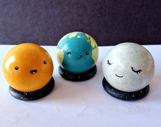 Wooden planets, Earth moon and sun toy, Space decor, solar system toys, unique gifts for children