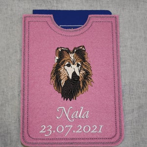 Heimtierausweis Collie naturgetreu gestickt  auf Wunsch  mit Namen und Geburtsdatum des Hundes-- personalisierbar --