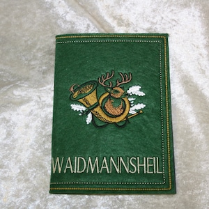 Jagdscheinhülle -aus Filz bestickt Hirsch/ Horn.... verschiedene Farben lieferbar Waidmannsheil oder Jagdschein Schriftzug