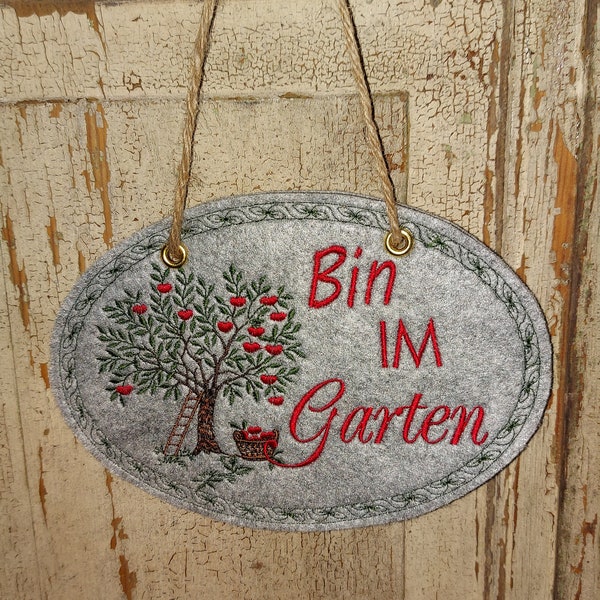 Schild Filz ...bin im Garten mit Apfelbaum