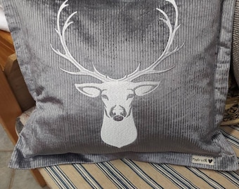 Pillow decoration pillow -corduroy - large -- deer with antlers .. on request with filling - noble embroidery -- wide cord silver grey