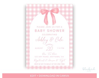 Plantilla de invitación para baby shower con estampado de cuadros rosas, invitación editable en Canva, baby shower para niña con lazo rosa, descarga digital imprimible.