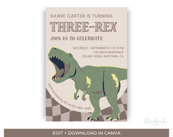 Plantilla de invitación de cumpleaños de Three Rex, invitación de cumpleaños de dinosaurio para el tercer cumpleaños, invitación editable para fiesta de Three Rex en Canva