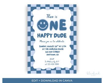 Plantilla de invitación de primer cumpleaños "One Happy Dude", invitación azul para el primer cumpleaños, invitación editable en Canva, invitación para la fiesta del primer cumpleaños de un niño.