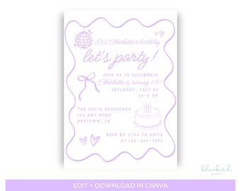 Plantilla de invitación de cumpleaños "Let's Party" / Invitación de cumpleaños para preadolescentes y adolescentes / Invitación de fiesta femenina morada / Invitación digital editable