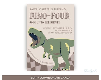Plantilla de invitación de cumpleaños de dinosaurio para cuatro años, invitación de cumpleaños de dinosaurio para el cuarto año, invitación editable para fiesta de dinosaurios en Canva