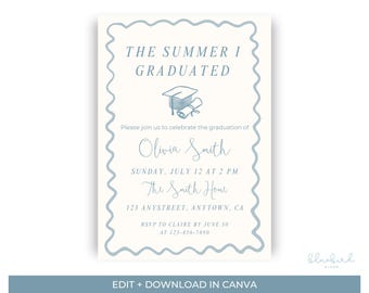 Plantilla para fiesta de graduación "El verano en que me gradué", invitación editable en Canva, invitación para fiesta de graduación de secundaria, descarga instantánea.
