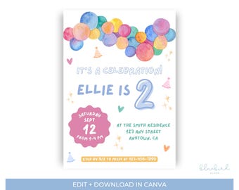 Es una invitación de cumpleaños para celebrar, plantilla editable de Canva, invitación colorida para fiesta de cumpleaños infantil, descarga instantánea.